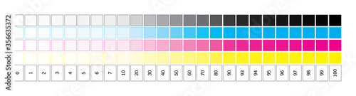 CMYK gradient from 0 to 100 percent print test control scales. Vector color bar CMYK test chart offset. Print control strips color cmyk for prepress and print.