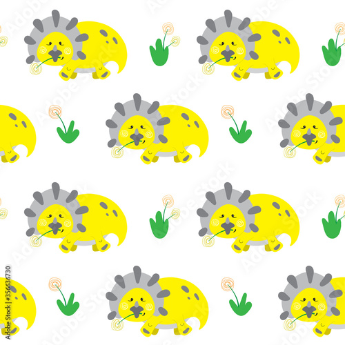 Seamless pattern of dinosaur triceratops. Colorful seamless texture for kids. Swatch of cartoon background. Stock vector illustration on white background.