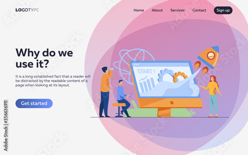 Team starting project. Workgroup working on startup, launching rocket from monitor with growth chart. Vector illustration for new business idea concept