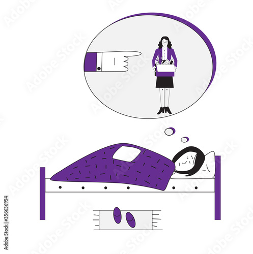A woman watches in her sleep as she is fired from her job. Job loss concept. A fired woman standing with a box of her things. Stock vector illustration, isolated on white background.