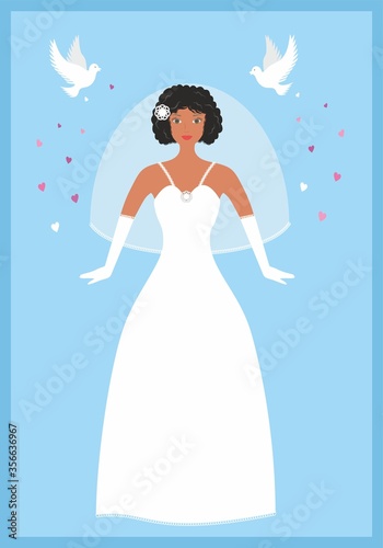 Bride with fairy tale of Cinderella as inspiration. Pigeons and hearts in surrondings. Concept with people with different colors and orgin. photo