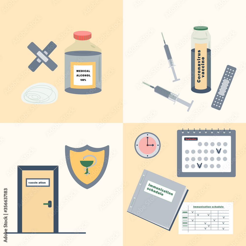 Vaccination related item set. Vaccine, syringe, shield, vaccination calendar, patch. Vaccination concept. Stock vector illustration isolated on a white background Vaccination related item set. Vaccine, syringe, shield, vaccination calendar, patch. Vaccination concept. Stock vector illustration isolated on a white background