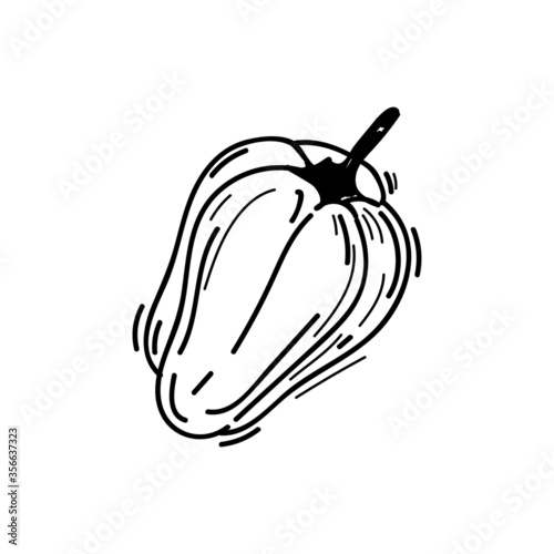 A detailed illustration depicts a bell pepper rendered in a simple yet striking style. The focus highlights its smooth curves, emphasizing its freshness and vibrant appeal.