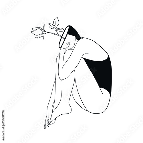Alchemy style of figure of woman with flower in head. Outline esoteric girl. Model of woman in lingerie. Design for yoga, boho style decor,  psychological practices, occult taro card