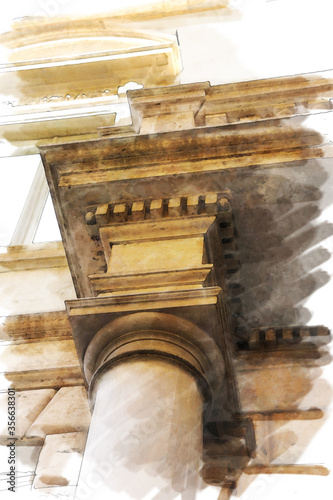 art watercolor background isolated  on white basis with european antique town, Italy, Rome. Detail of classic small-caps
