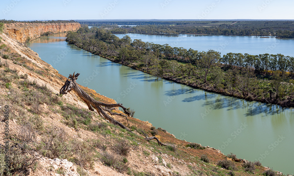 River Murray landscape, looking down across the river and backwaters, river cliffs on a bright sunny winter day, South Australia.