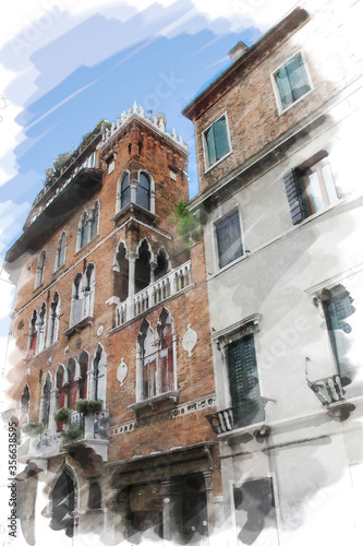 art watercolor background isolated on white basis with street  in Venice  Italy