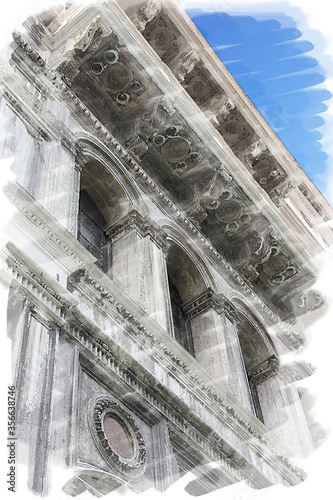 art watercolor background isolated on white basis of street and detail of buildings in Venice, Italy