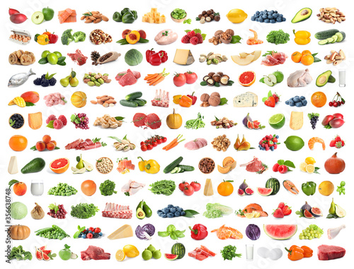 Set of different food on white background