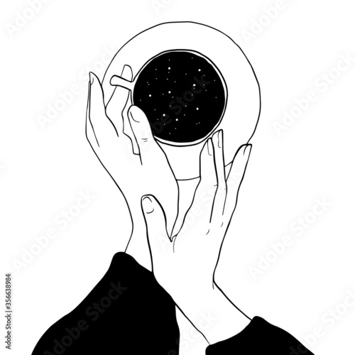 female hands with a cup inside which a starry sky or space, imagination contemporary creative art, 