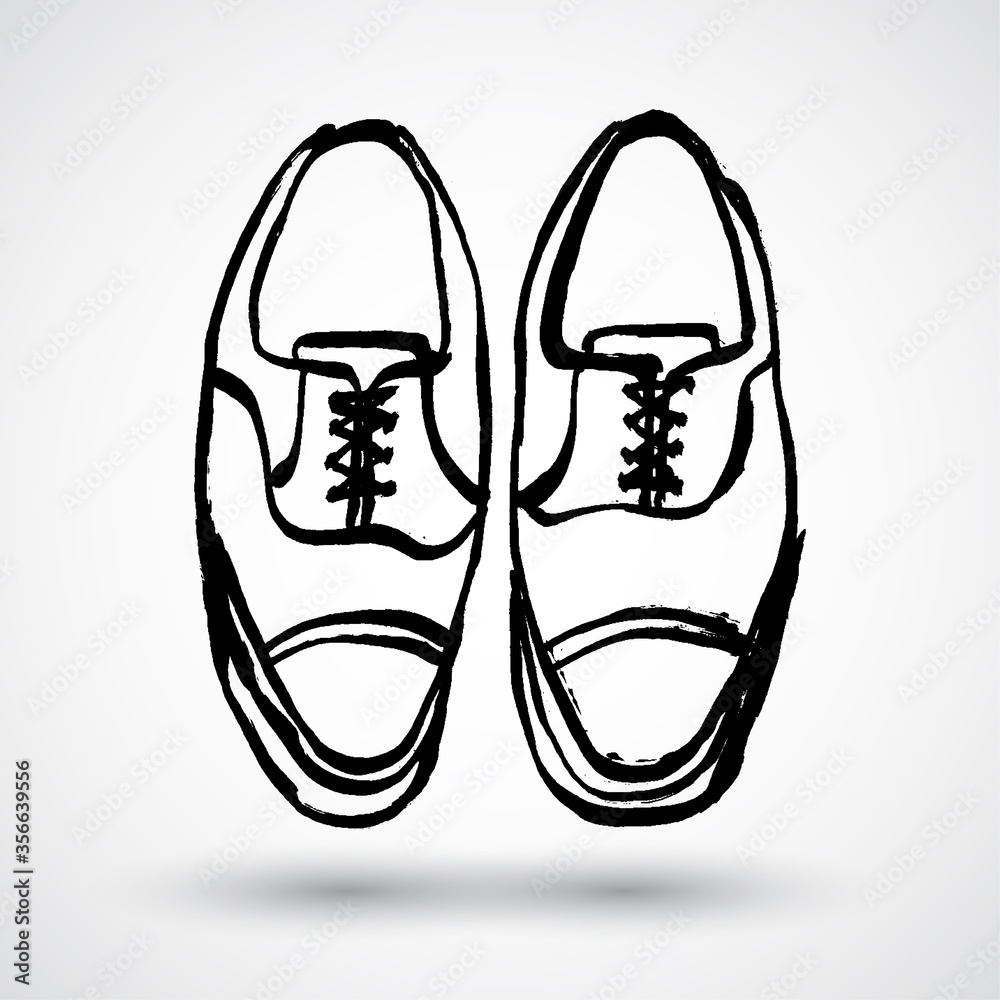 Vector Grunge Illustration - Pair of Men Shoes. Hand-drawn doodle cartoon illustration. Black and white monochrome style. Simple flat brush ink design.