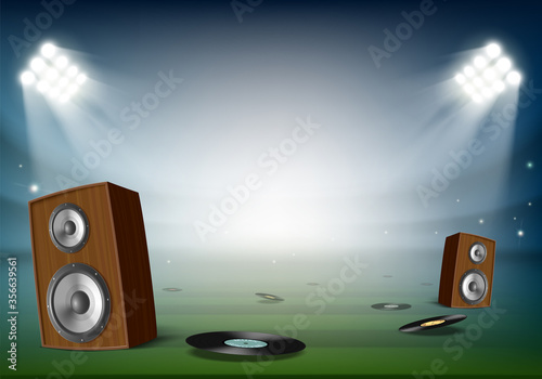 Vinyl and music speakers in the stadium. Open air festival.