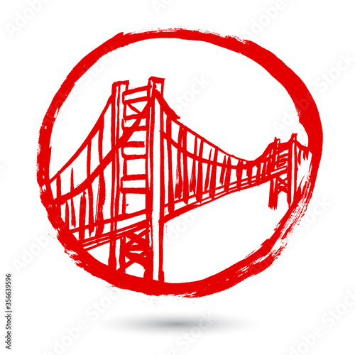 San Francisco Golden Gate bridge symbol. Red hand-drawn doodle cartoon illustration. Simple flat brush ink design.