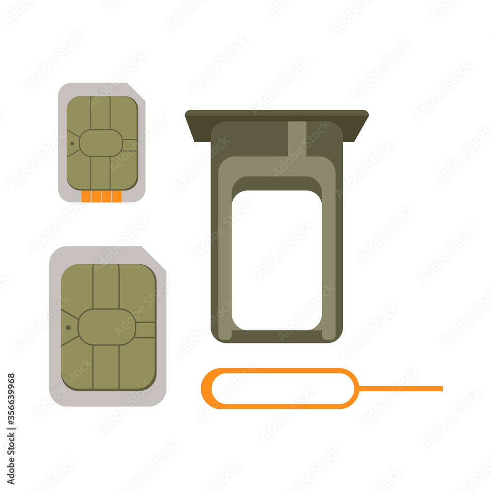 SIM card equipment icon set. Micro and macro SIM cards, opener pin, SIM