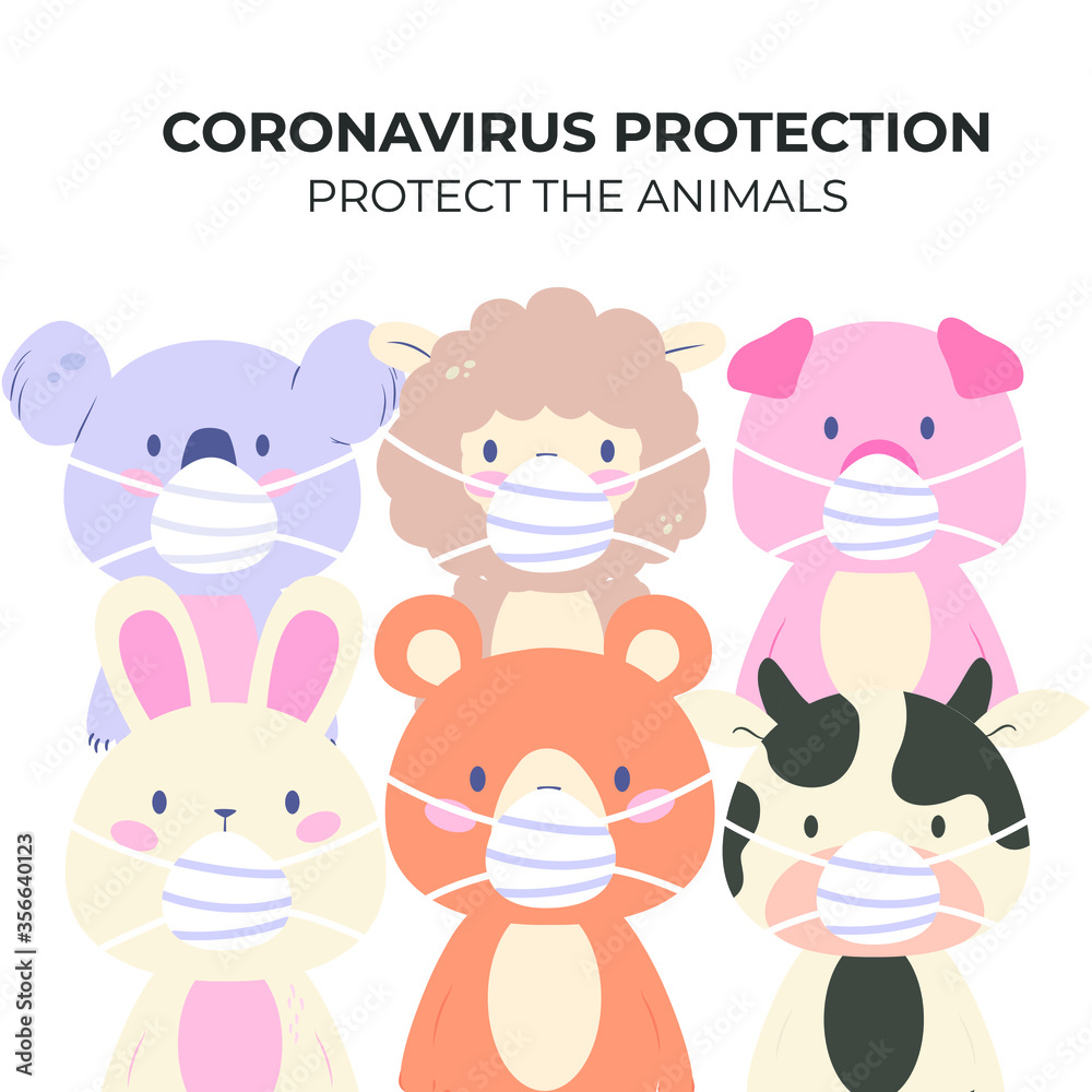 Corona Virus protection with cute animals. Animala wearing maska. Vector illustration. Wear a mask. Cartoon animals. Vector illustration for prevention the spread of bacteria, coronaviruses. Covid-19

