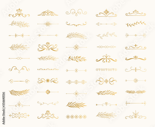 Cute golden design elements. Calligraphic vintage borders. Ink text dividers. Flourish vector illustration.