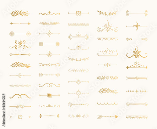 Set of vintage golden dividers and text separators. Lines and vines for page decoration. Ornate design elements. Vector isolated illustration.