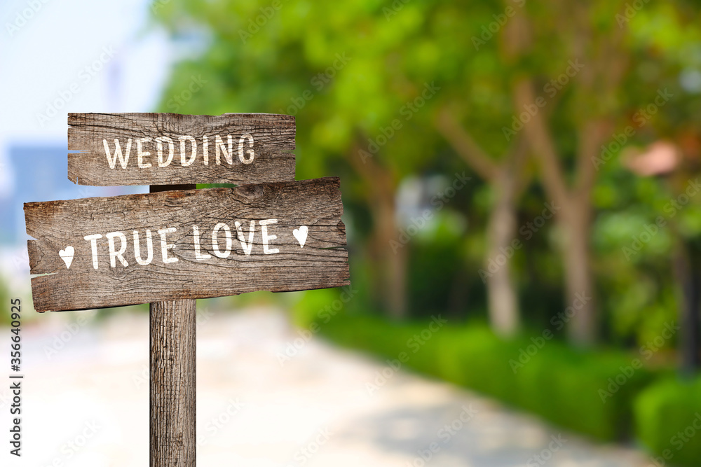 Wooden plaques with inscriptions Wedding and True Love outdoors, space for text