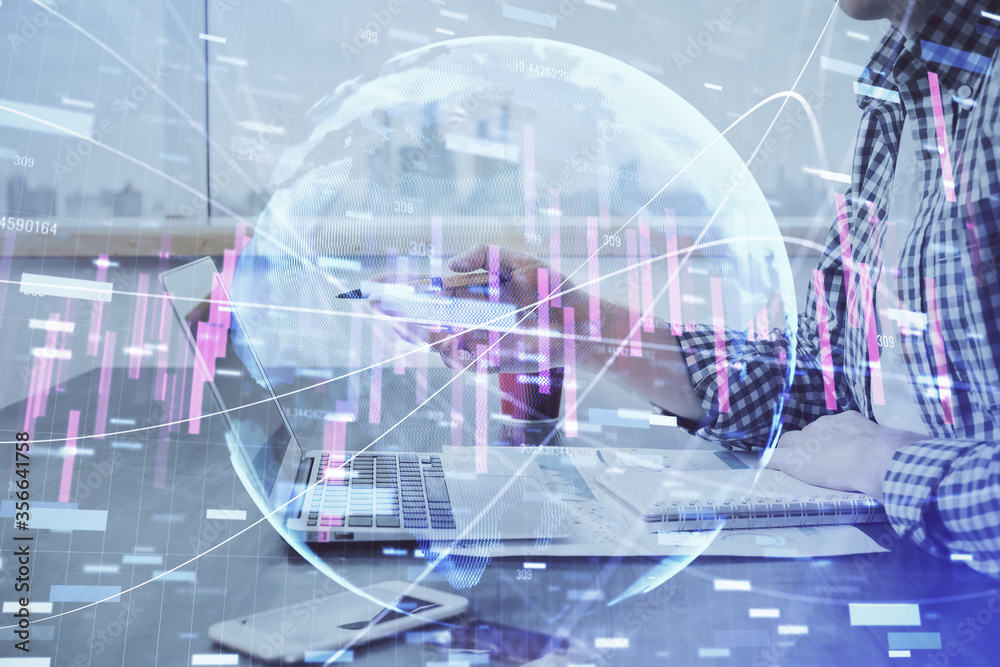 Multi exposure of stock market chart with man working on computer on background. Concept of financial analysis. Multi exposure of stock market chart with man working on computer on background. Concept of financial analysis.