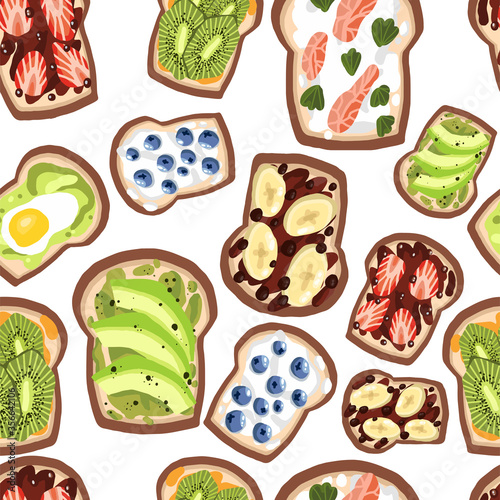 Seamless pattern of toasts on an isolated white background. Healthy, organic food, breakfast, lunch, dinner. Avocado, kiwi, strawberries, blueberries, guacamole,banana, salmon. Vector illustration