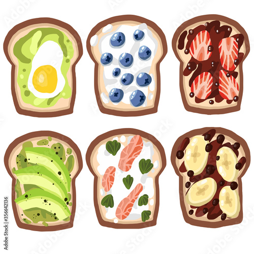 Set of toasts on an isolated white background. Healthy, organic food, breakfast, lunch, dinner. Avocado, strawberries, blueberries, egg, guacamole, banana, salmon, curd cheese. Vector illustration.