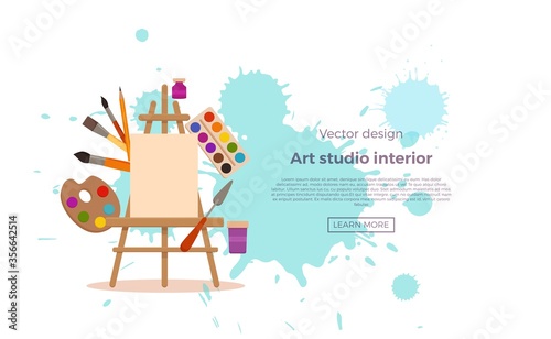 Art studio design interior colorful vector illustration.
