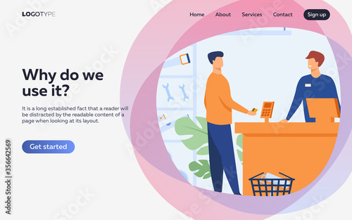 Tool shop customers. Men choosing instrument at showcase for painting or carpentry work, paying at checkout counter, consulting salesman. Vector illustration for hardware store, house repair concept