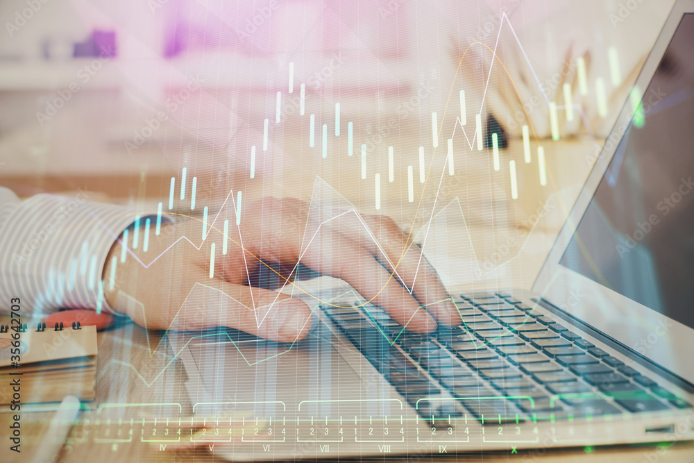 Double exposure of stock market graph with man working on laptop on background. Concept of financial analysis. Double exposure of stock market graph with man working on laptop on background. Concept of financial analysis.