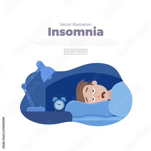 Sleepless man face cartoon character suffers from insomnia.