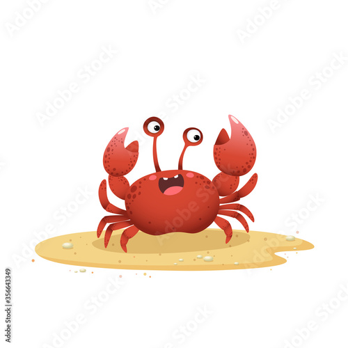 Vector illustration cute cartoon crab crawling on sand beach on white background.