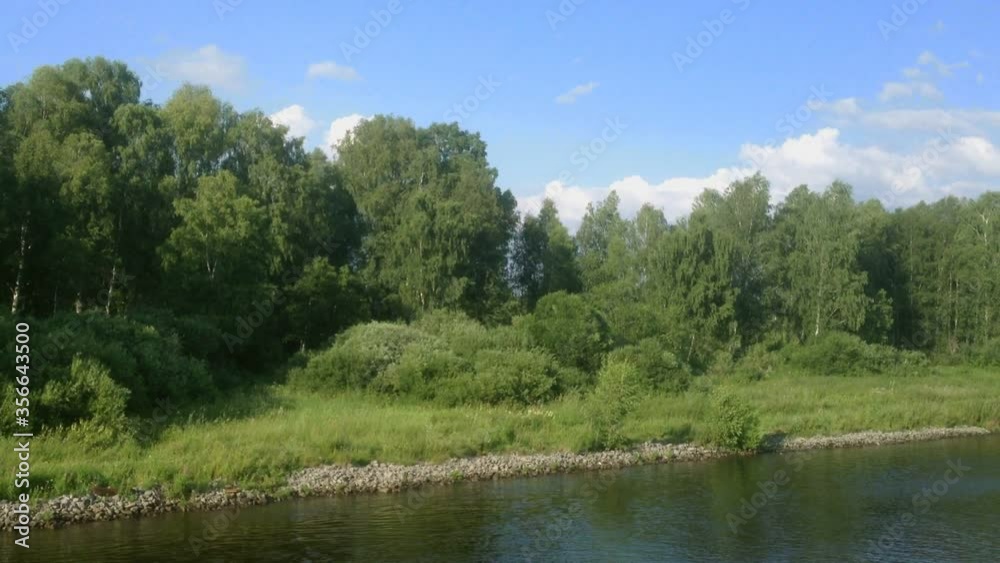 Camera moving along a river bank with a view on birch trees and bushes. Camera moving along a river bank with a view on birch trees and bushes.