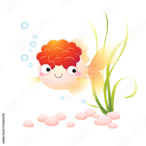 Vector illustration cute cartoon red cap oranda goldfish in an aquarium.