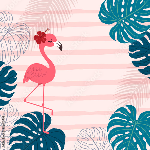 Vector illustration of a cartoon pink flamingo with monstera leaves on pink background. Hello summer background.