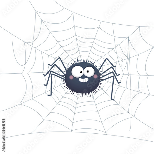 Vector illustration of a cartoon spider on web.