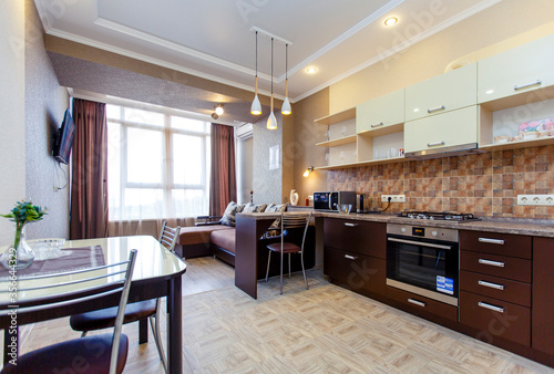 Kitchen-Studio in the apartment. Kitchen furniture with kitchen appliances. The Seating area has a large sofa with a TV.