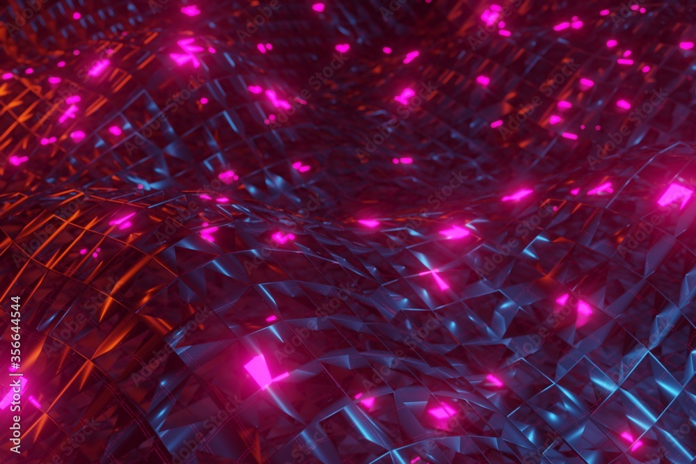 3d render, glowing lines, tunnel, neon lights, virtual reality, abstract background, square portal, arch, blue spectrum vibrant colors, laser show