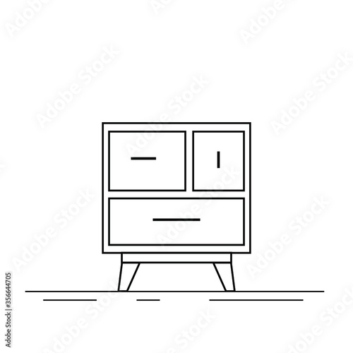 Vector icon of bedside table, modern furniture design. Bedside wooden chest of drawers, carpentry. Decorative table, linear pictogram. Dresser furniture line icon. Monochrome contour illustration.