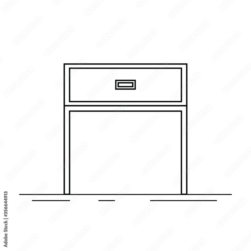 Vector icon of bedside table, modern furniture design. Bedside wooden chest of drawers, carpentry. Decorative table, linear pictogram. Dresser furniture line icon. Monochrome contour illustration.