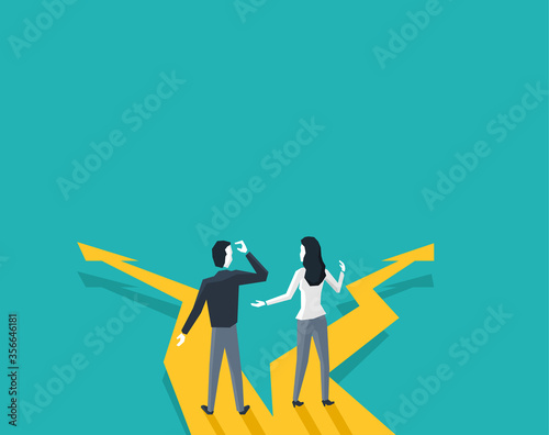Correct decision choosing - man and woman flat cartoon characters stands and look at directed in different directions arrows - vector concept