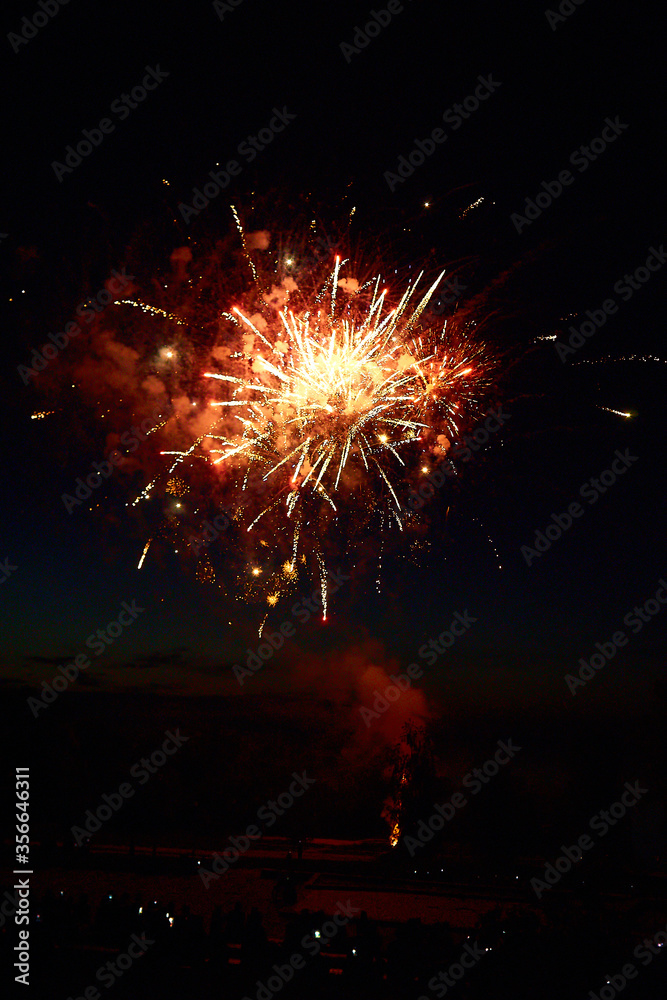Colorful festive fireworks on a black sky background.