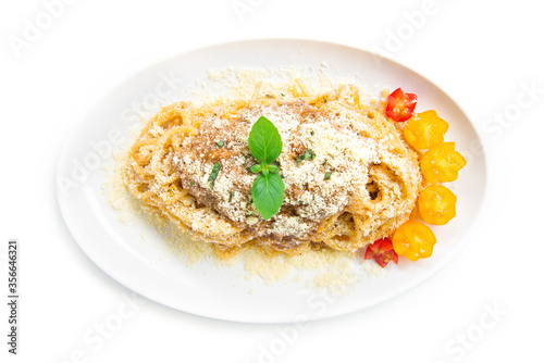 Spaghetti Parmesan cheese  stir fried with canola oil