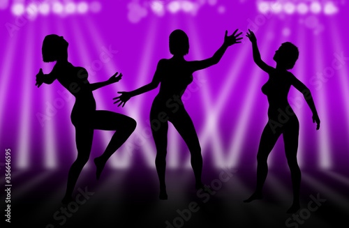 Dancing girls silhouettes with white spotlights against a purple background illustration