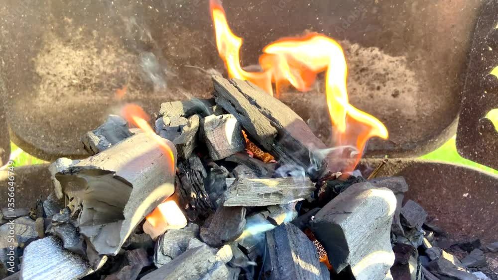 wooden coals with flames burning in a bbq grill wooden coals with flames burning in a bbq grill