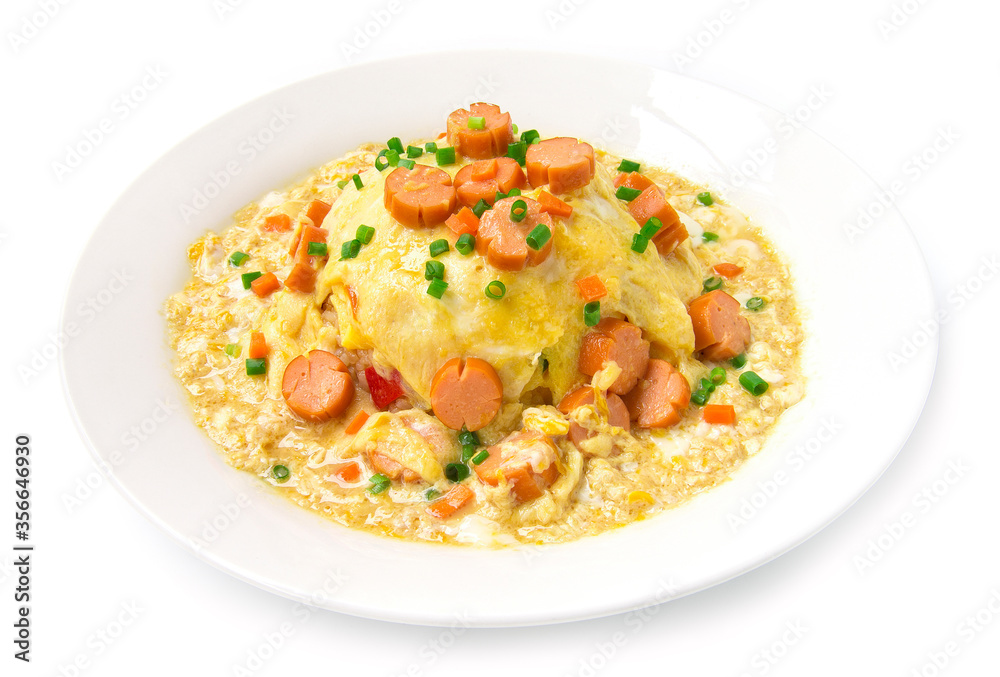Omlet creamy with saucesage carved flower shape Omlet creamy with saucesage carved flower shape