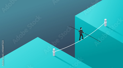 Business risk and professional strategy concept - businessman walks over gap as tightrope walker - isometric conceptual illustration for banner or poster