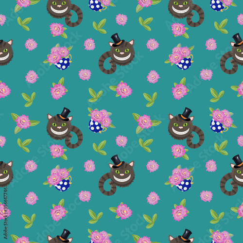 Seamless pattern with cheshire cat, tea cup and flowers.