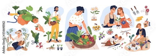 Set of different people enjoy gardening and planting vector flat illustration. Man and woman with fresh vegetables and fruits isolated on white. Farmers and gardeners doing job or agricultural hobby © Good Studio