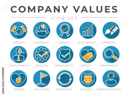 Company Core Values Round Flat Icon Set. Integrity, Leadership, Quality Development, Creativity, Accountability, Simplicity, Dependability, Honesty, Transparency, Passion Icons.