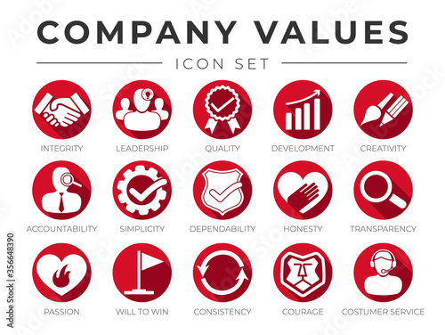 Company Core Values Round Web Icon Set. Leadership, Quality Development, Creativity, Accountability, Simplicity, Dependability, Honesty, Transparency Passion Consistency, Customer Service Icons.