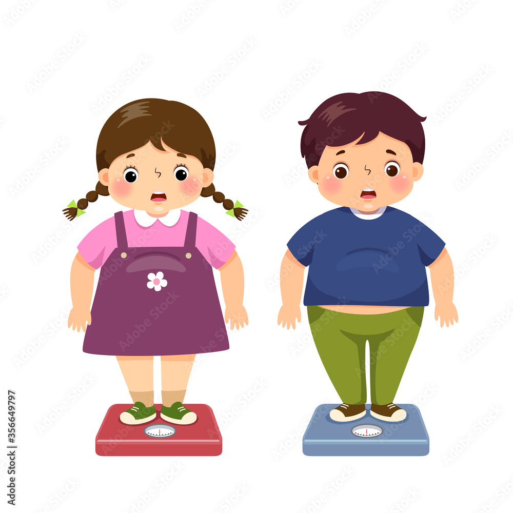 Vector illustration cute cartoon fat boy and girl checking their weight on the scales. Vector illustration cute cartoon fat boy and girl checking their weight on the scales.